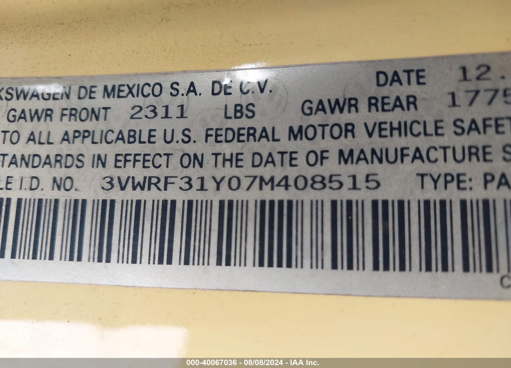 2007 VOLKSWAGEN NEW BEETLE 2.5 VIN: 3VWRF31Y07M408515