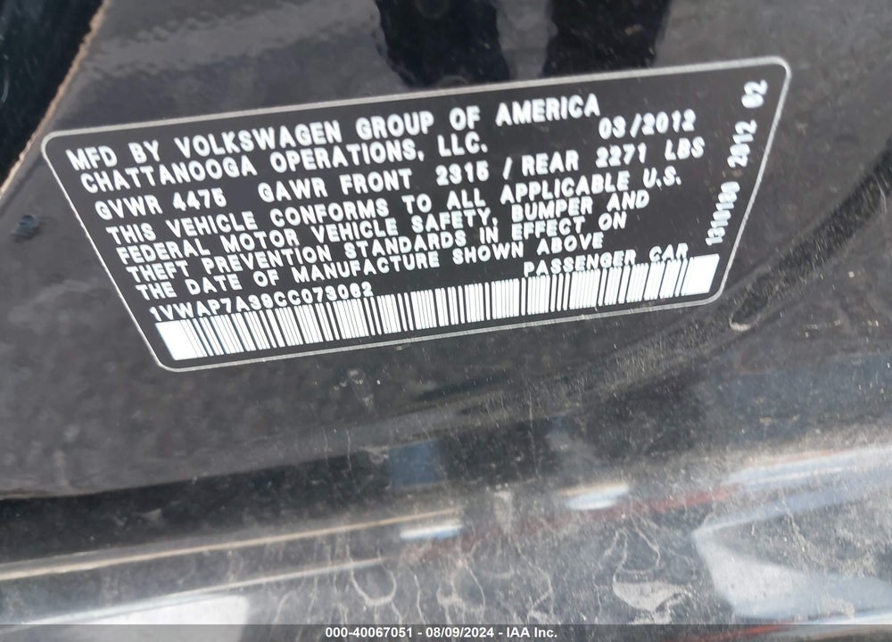 2012 VOLKSWAGEN PASSAT 2.5L S VIN: 1VWAP7A39CC073062
