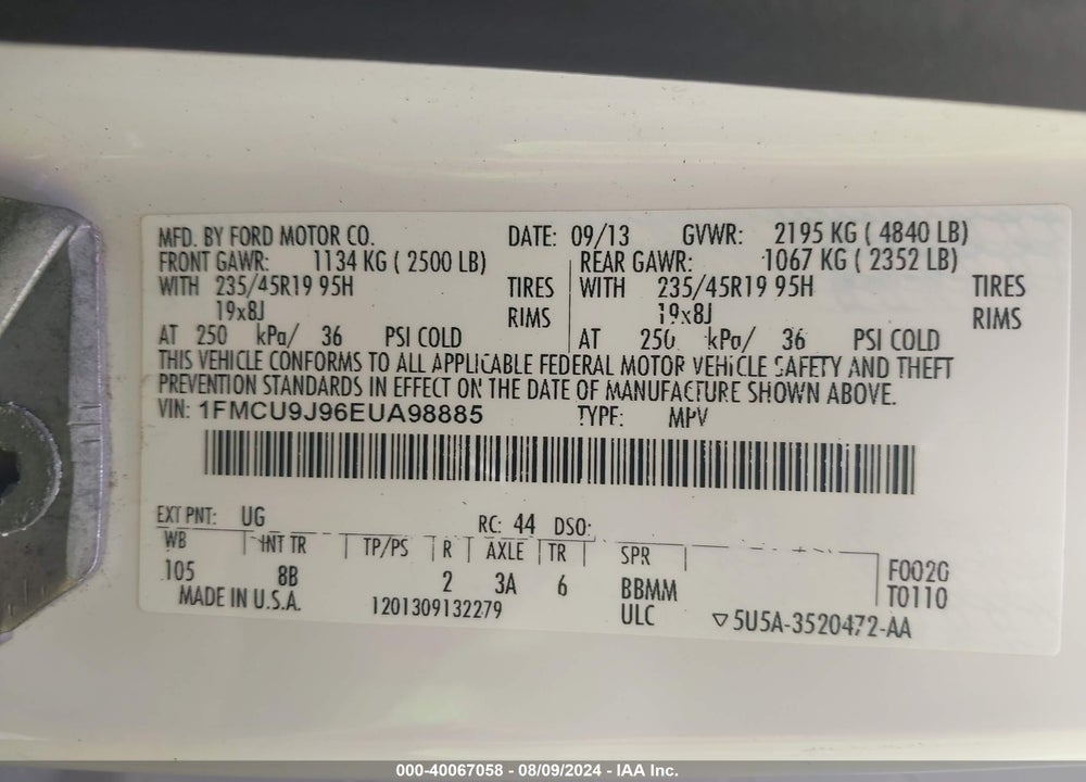 2014 FORD ESCAPE TITANIUM VIN: 1FMCU9J96EUA98885
