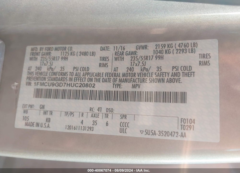 2017 FORD ESCAPE SE VIN: 1FMCU9GD7HUC20802
