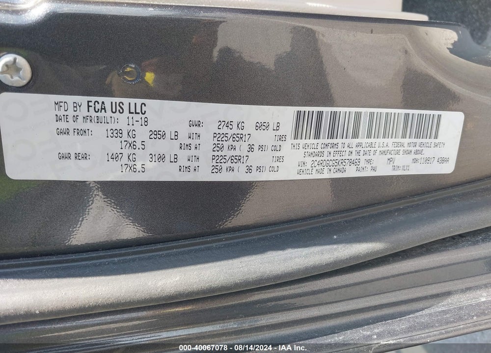 2019 DODGE GRAND CARAVAN SXT VIN: 2C4RDGCG5KR578469