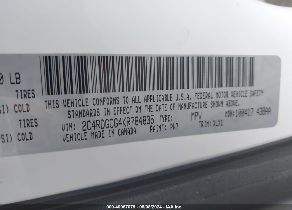 2019 DODGE GRAND CARAVAN SXT VIN: 2C4RDGCG4KR784835