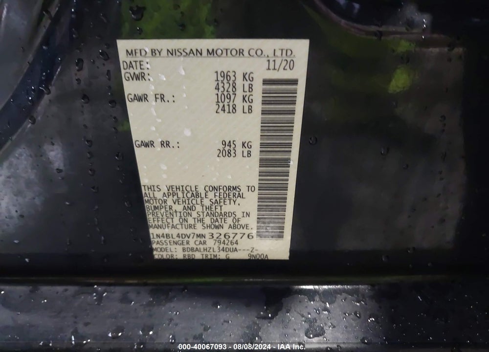 2021 NISSAN ALTIMA SV FWD VIN: 1N4BL4DV7MN326776