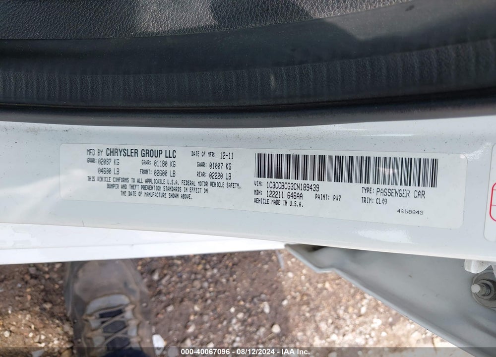 2012 CHRYSLER 200 LIMITED VIN: 1C3CCBCG3CN189439