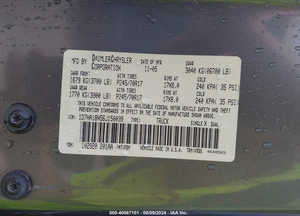 2006 DODGE RAM 1500 SLT VIN: 1D7HA18N56J150099