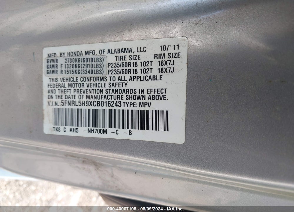 2012 HONDA ODYSSEY TOURING/TOURING ELITE VIN: 5FNRL5H9XCB016243