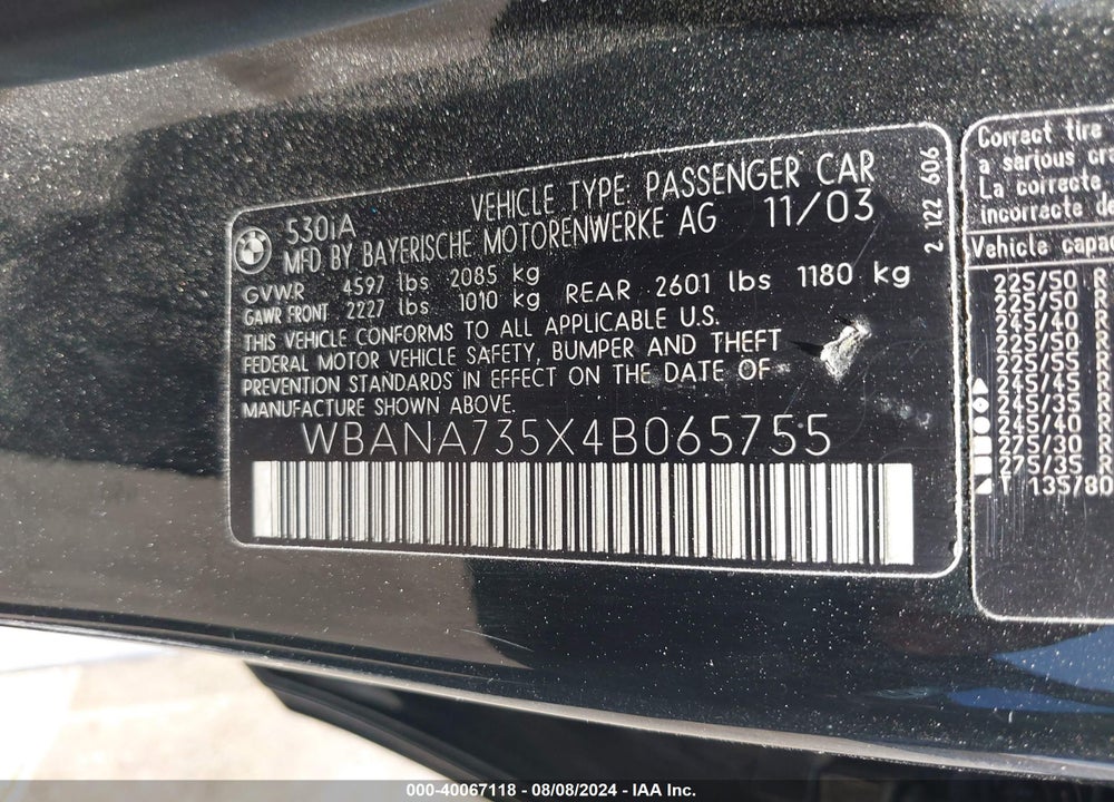 2004 BMW 530I VIN: WBANA735X4B065755