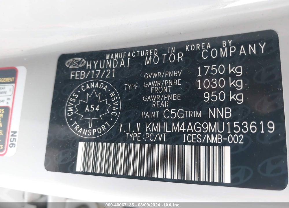 2021 HYUNDAI ELANTRA VIN: KMHLM4AG9MU153619