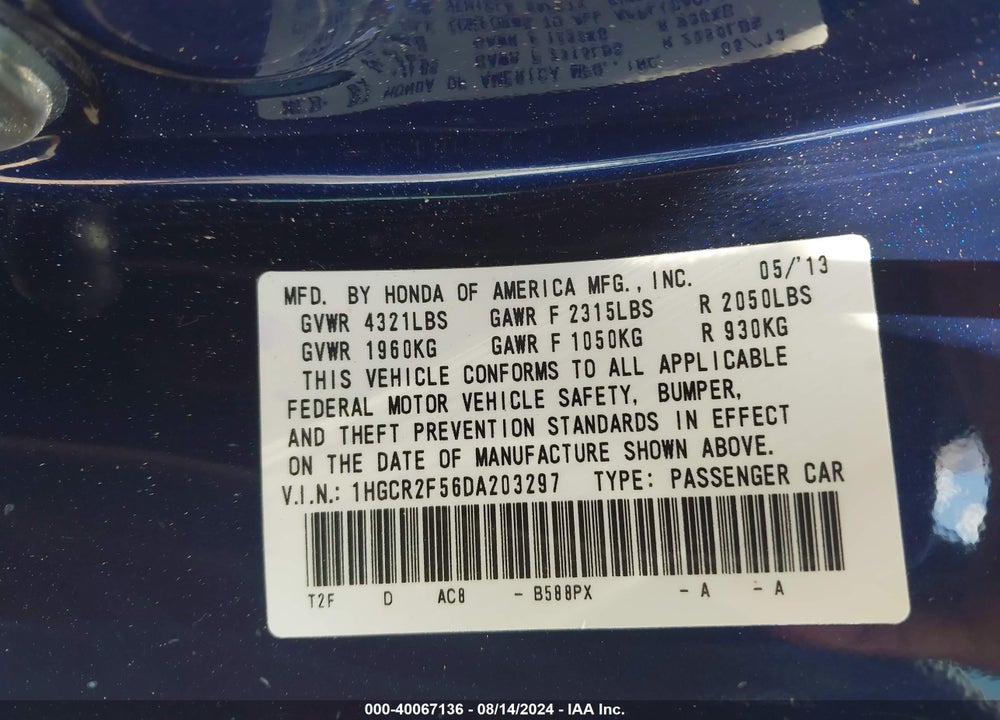 2013 HONDA ACCORD SPORT VIN: 1HGCR2F56DA203297