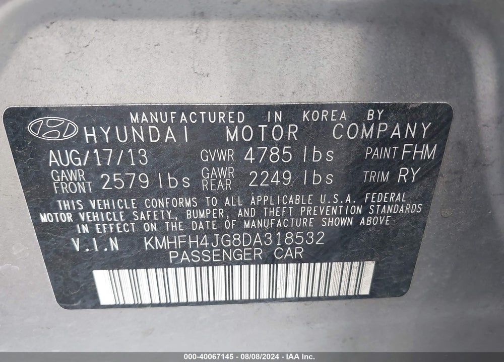 2013 HYUNDAI AZERA VIN: KMHFH4JG8DA318532