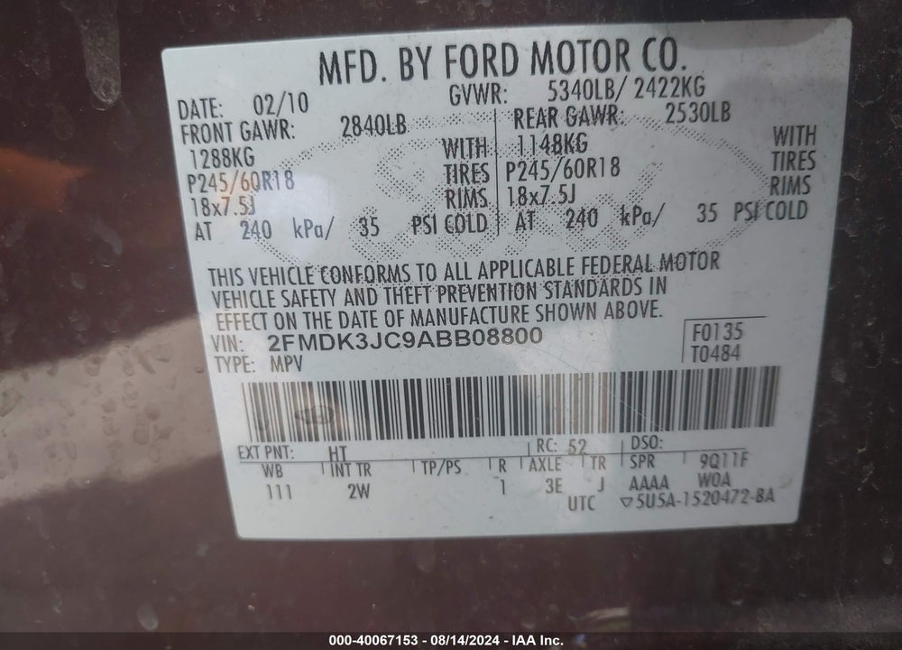 2010 FORD EDGE SEL VIN: 2FMDK3JC9ABB08800