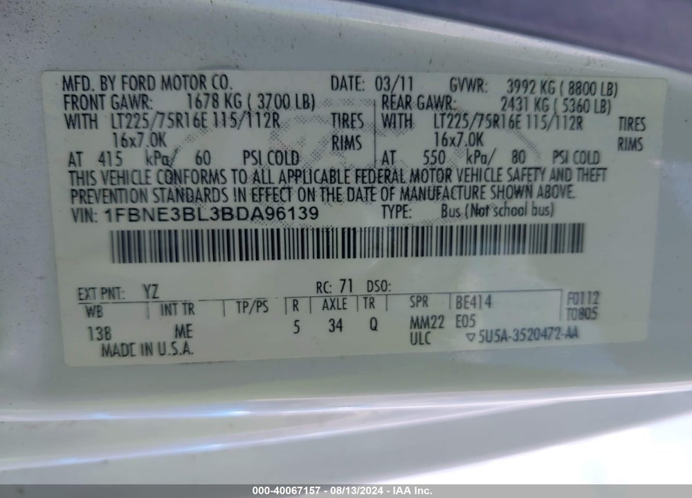 2011 FORD E-350 SUPER DUTY XLT VIN: 1FBNE3BL3BDA96139