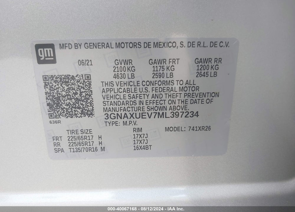 2021 CHEVROLET EQUINOX AWD LT VIN: 3GNAXUEV7ML397234