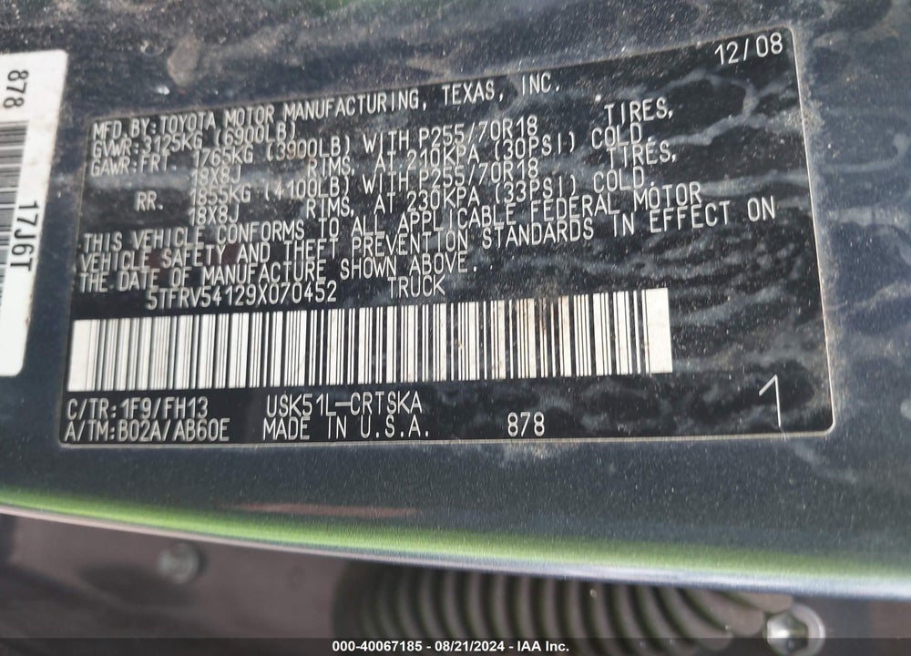 2009 TOYOTA TUNDRA GRADE 5.7L V8 VIN: 5TFRV54129X070452
