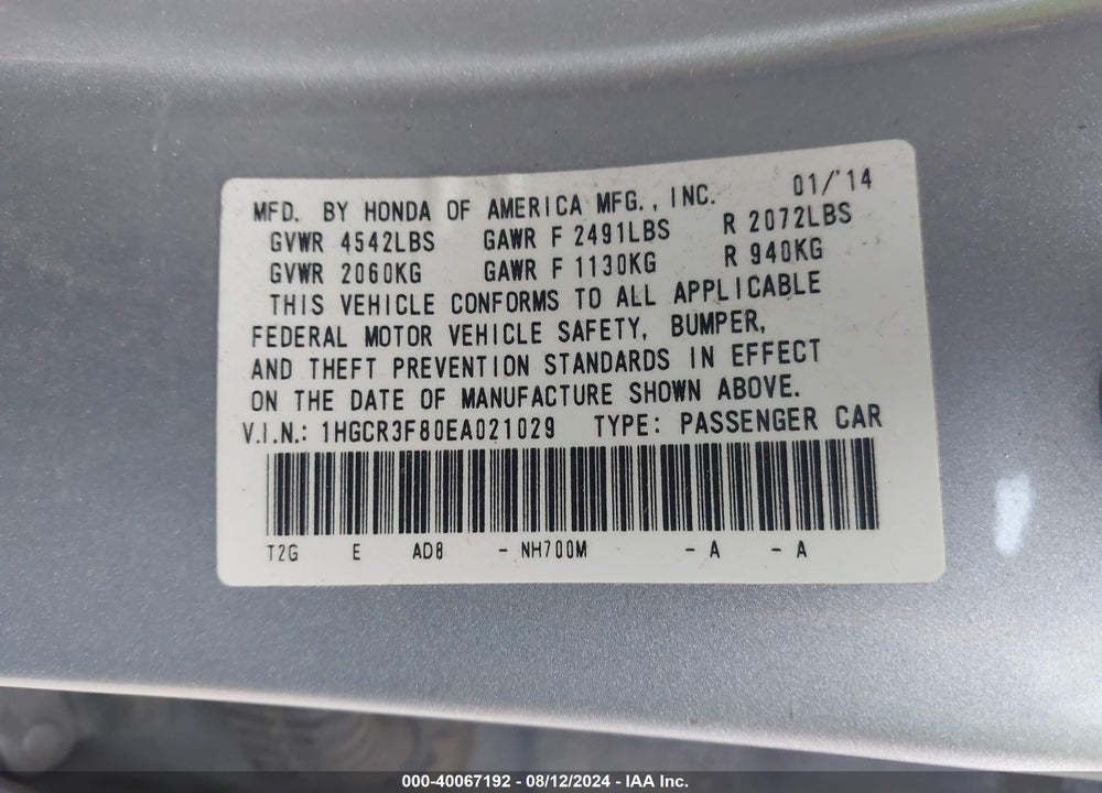 2014 HONDA ACCORD EX-L V-6 VIN: 1HGCR3F80EA021029