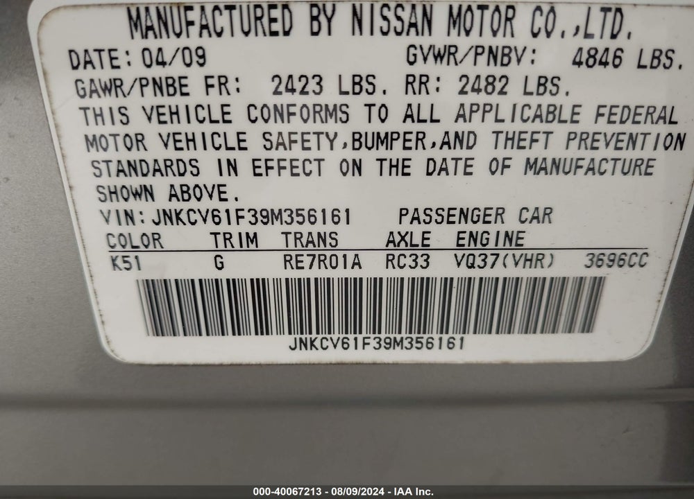 2009 INFINITI G37X VIN: JNKCV61F39M356161