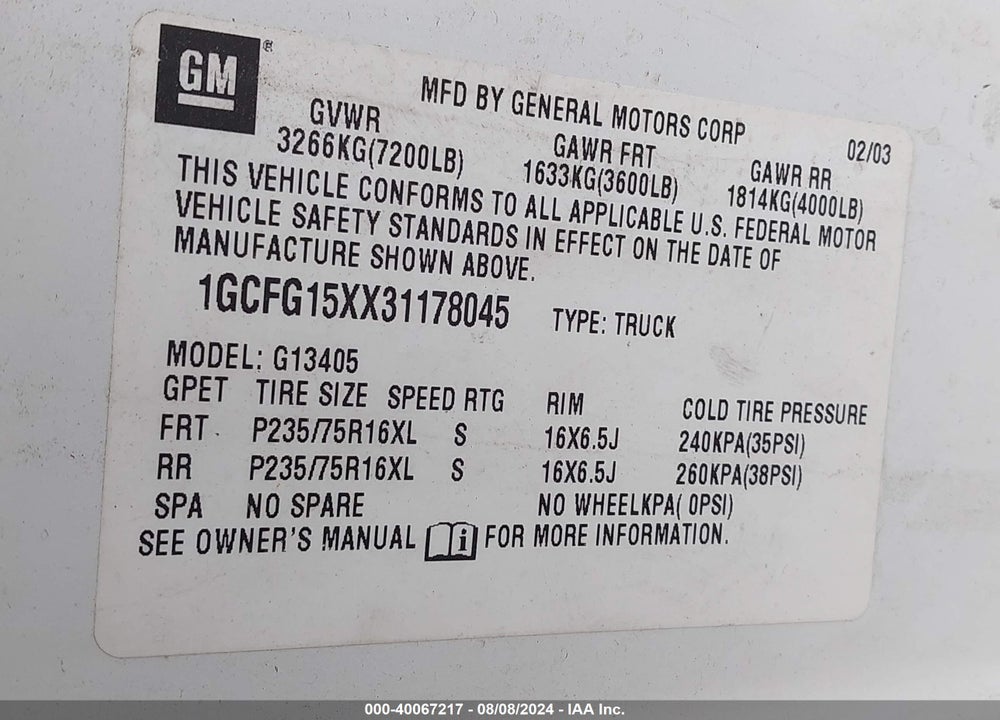 2003 CHEVROLET EXPRESS VIN: 1GCFG15XX31178045