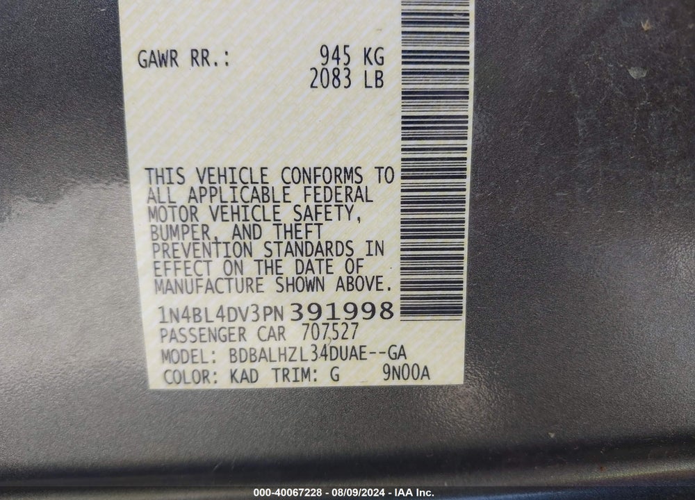 2023 NISSAN ALTIMA SV FWD VIN: 1N4BL4DV3PN391998