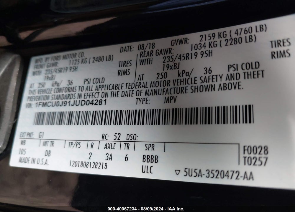 2018 FORD ESCAPE TITANIUM VIN: 1FMCU0J91JUD04281