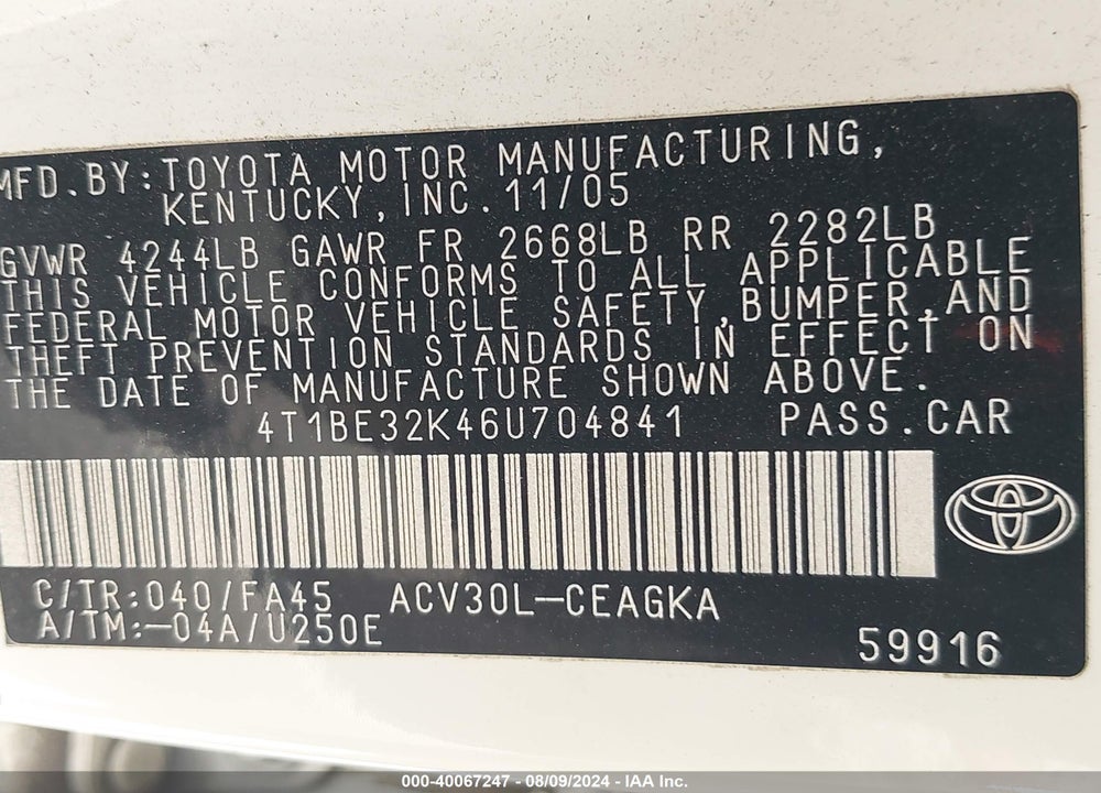 2006 TOYOTA CAMRY XLE VIN: 4T1BE32K46U704841