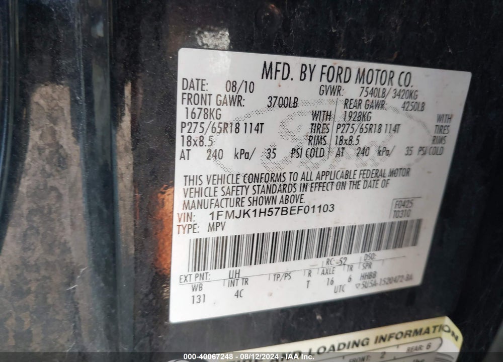 2011 FORD EXPEDITION EL XLT VIN: 1FMJK1H57BEF01103