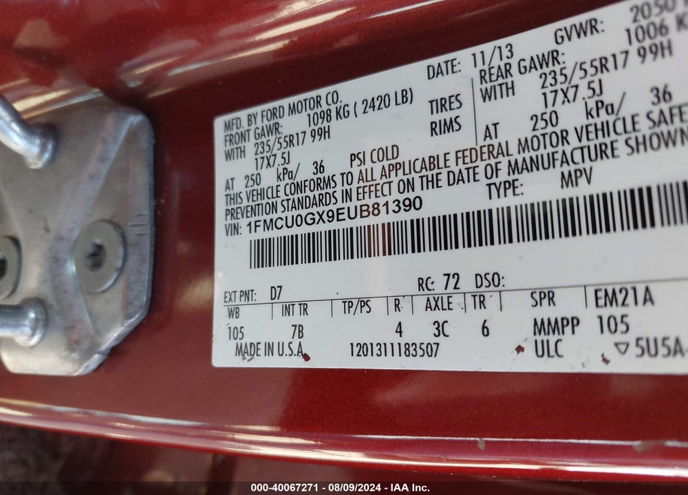 2014 FORD ESCAPE SE VIN: 1FMCU0GX9EUB81390