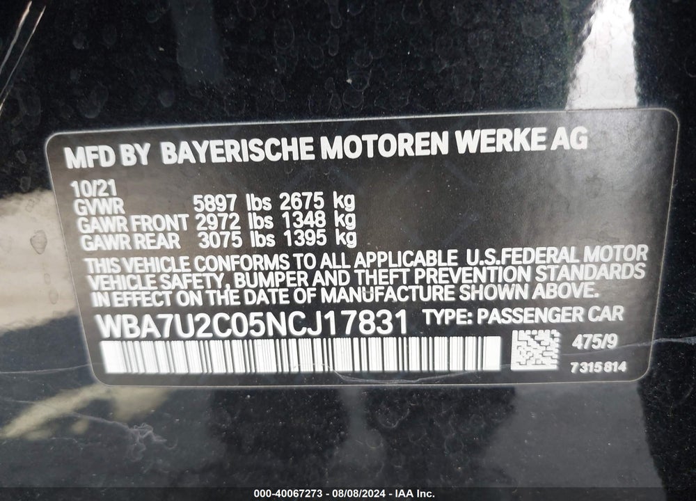 2022 BMW 750 I XDRIVE VIN: WBA7U2C05NCJ17831