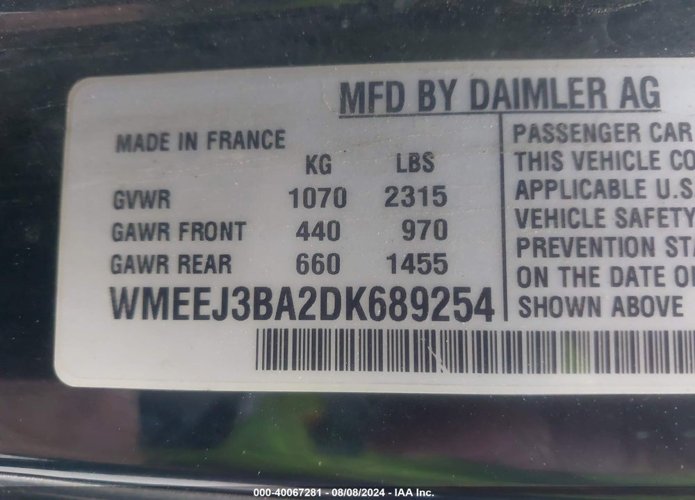 2013 SMART FORTWO PASSION/PURE VIN: WMEEJ3BA2DK689254