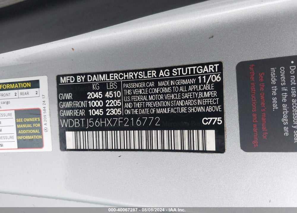 2007 MERCEDES-BENZ CLK 350 VIN: WDBTJ56HX7F216772