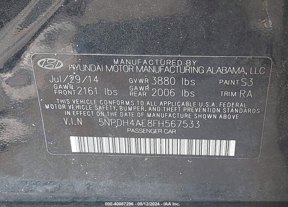 2015 HYUNDAI ELANTRA SE VIN: 5NPDH4AE8FH567533