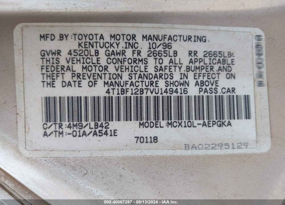 1997 TOYOTA AVALON XL/XLS VIN: 4T1BF12B7VU149416
