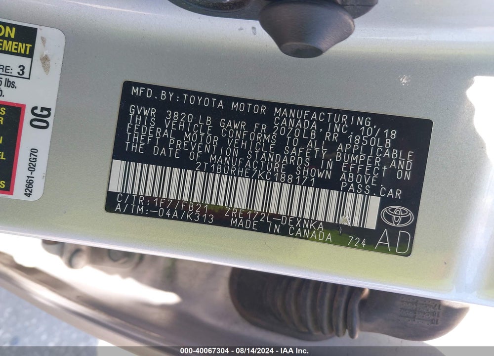 2019 TOYOTA COROLLA VIN: 2T1BURHE7KC188171