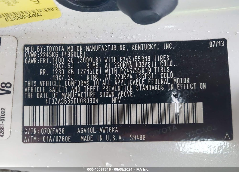 2013 TOYOTA VENZA LE VIN: 4T3ZA3BB5DU080904