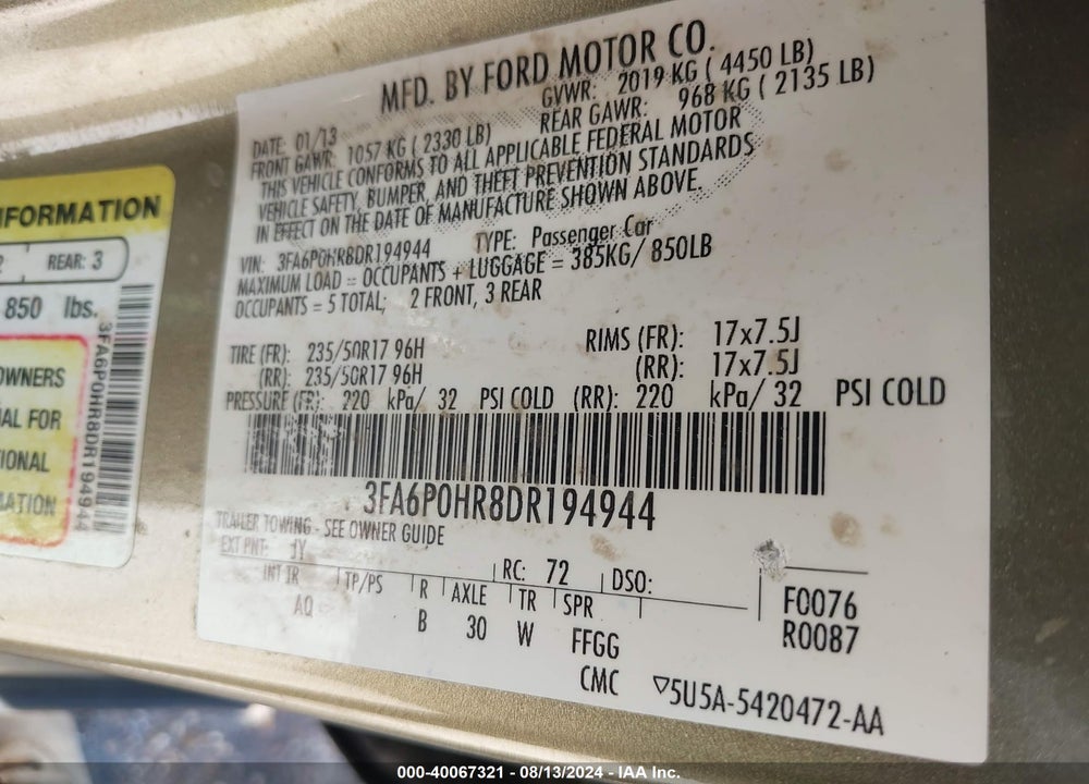 2013 FORD FUSION SE VIN: 3FA6P0HR8DR194944