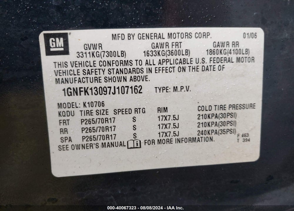 2007 CHEVROLET TAHOE LT VIN: 1GNFK13097J107162
