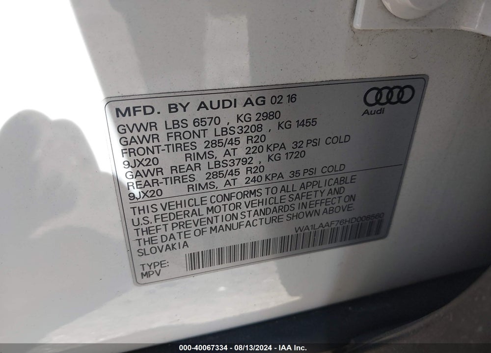 2017 AUDI Q7 3.0T PREMIUM VIN: WA1LAAF76HD008560