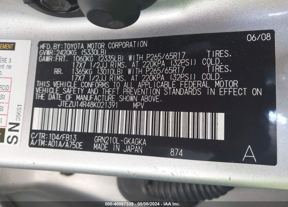 2008 TOYOTA 4RUNNER SPORT V6 VIN: JTEZU14R48K021391