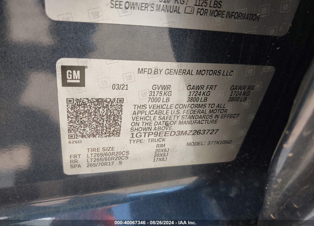 2021 GMC SIERRA 1500 4WD SHORT BOX AT4 VIN: 1GTP9EED3MZ263727