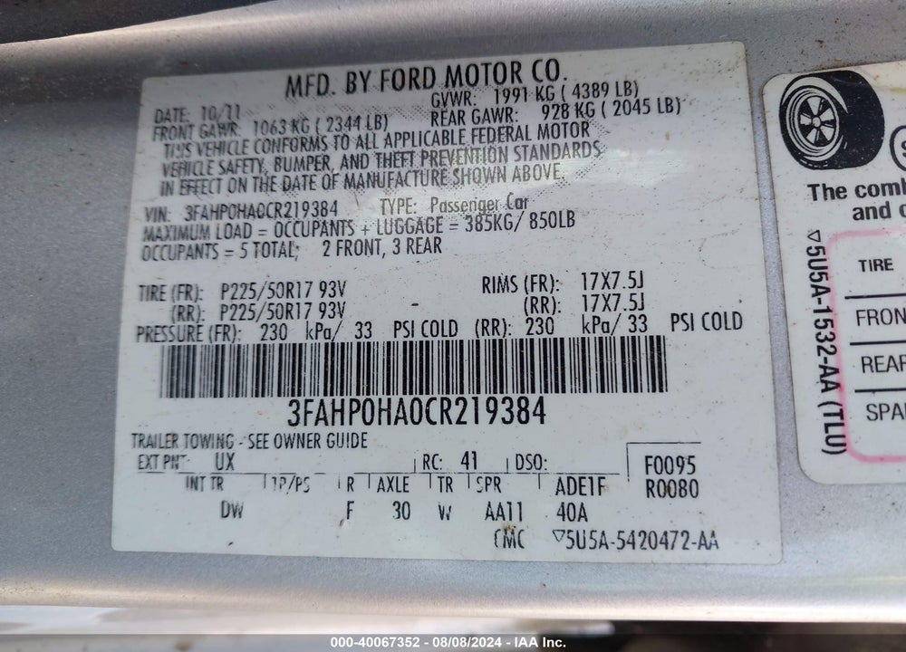 2012 FORD FUSION VIN: 3FAHP0HA0CR219384
