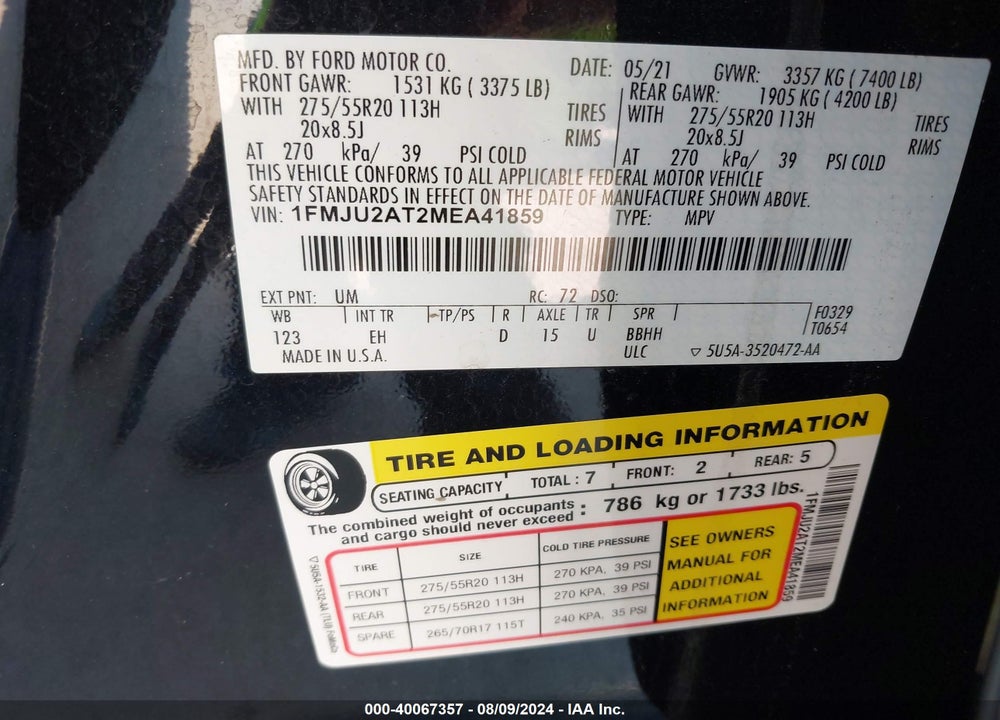 2021 FORD EXPEDITION LIMITED VIN: 1FMJU2AT2MEA41859