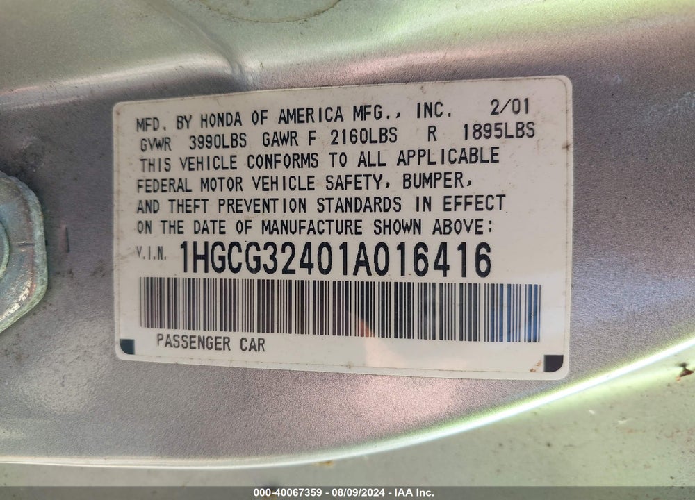 2001 HONDA ACCORD 2.3 LX VIN: 1HGCG32401A016416