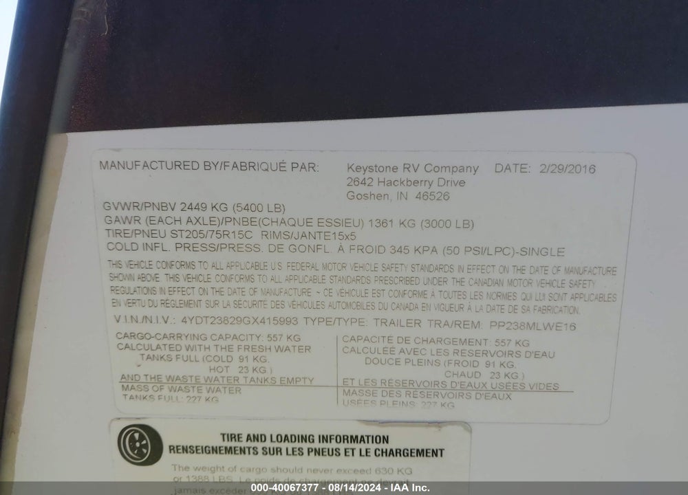 2016 KEYSTONE PASSPORT EXPRESS SER VIN: 4YDT23829GX415993