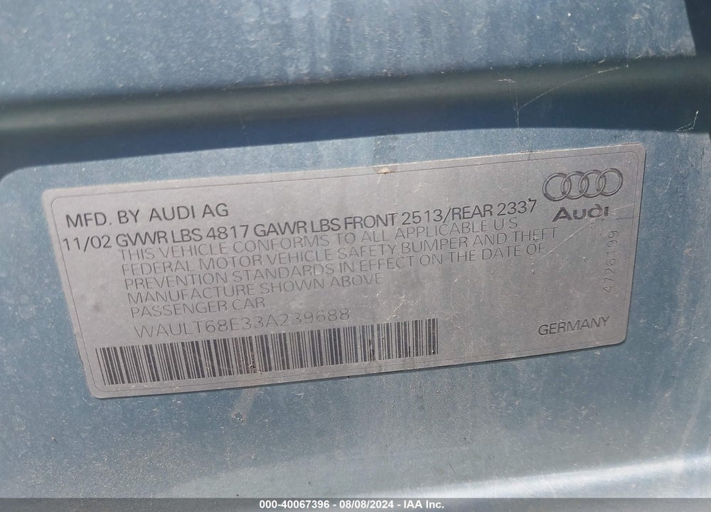 2003 AUDI A4 3.0 VIN: WAULT68E33A239688
