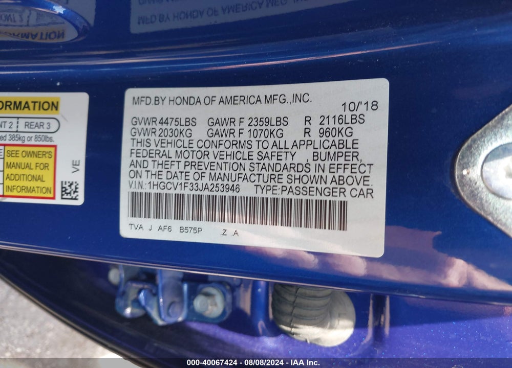 2018 HONDA ACCORD SPORT VIN: 1HGCV1F33JA253946