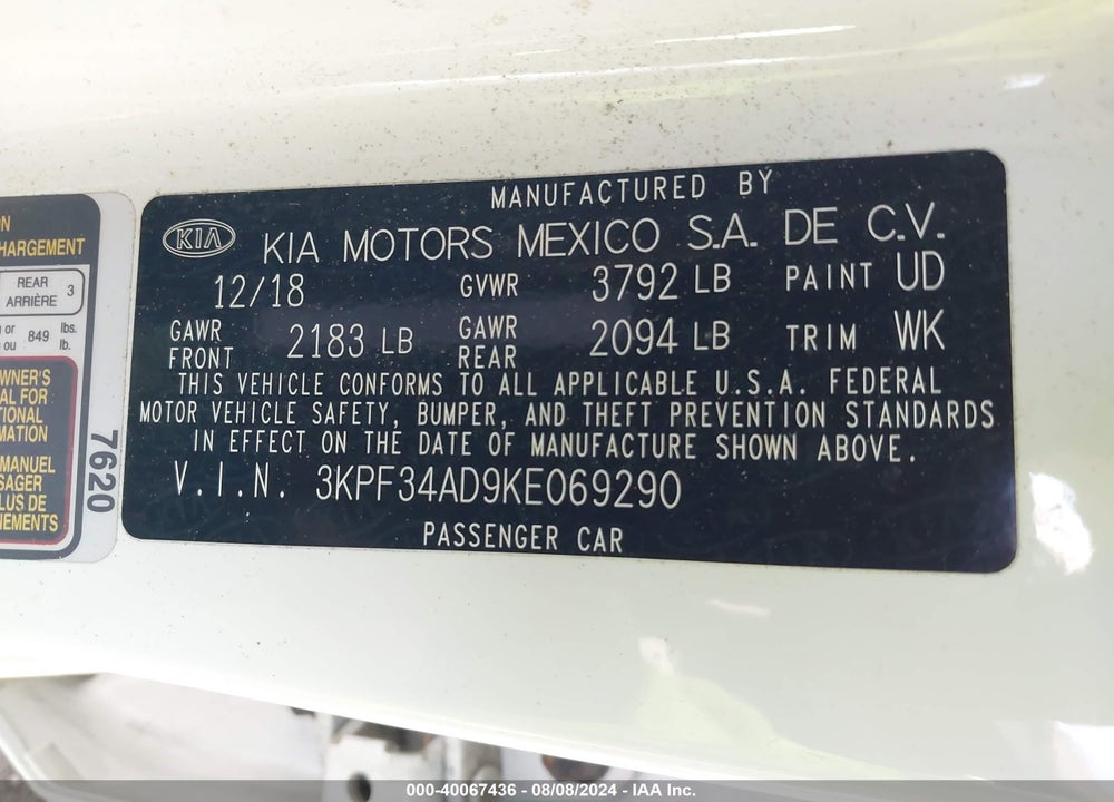 2019 KIA FORTE S VIN: 3KPF34AD9KE069290