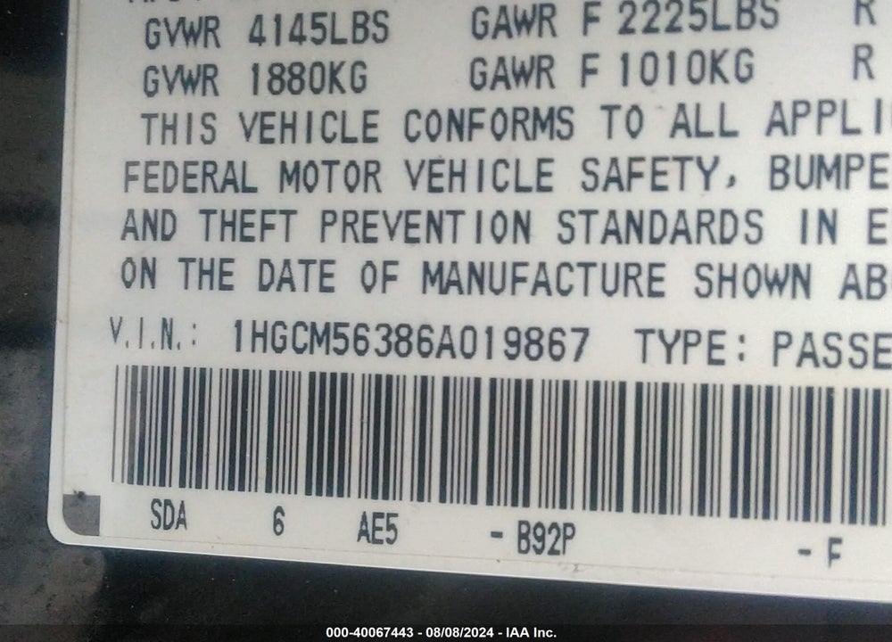 2006 HONDA ACCORD 2.4 SE VIN: 1HGCM56386A019867