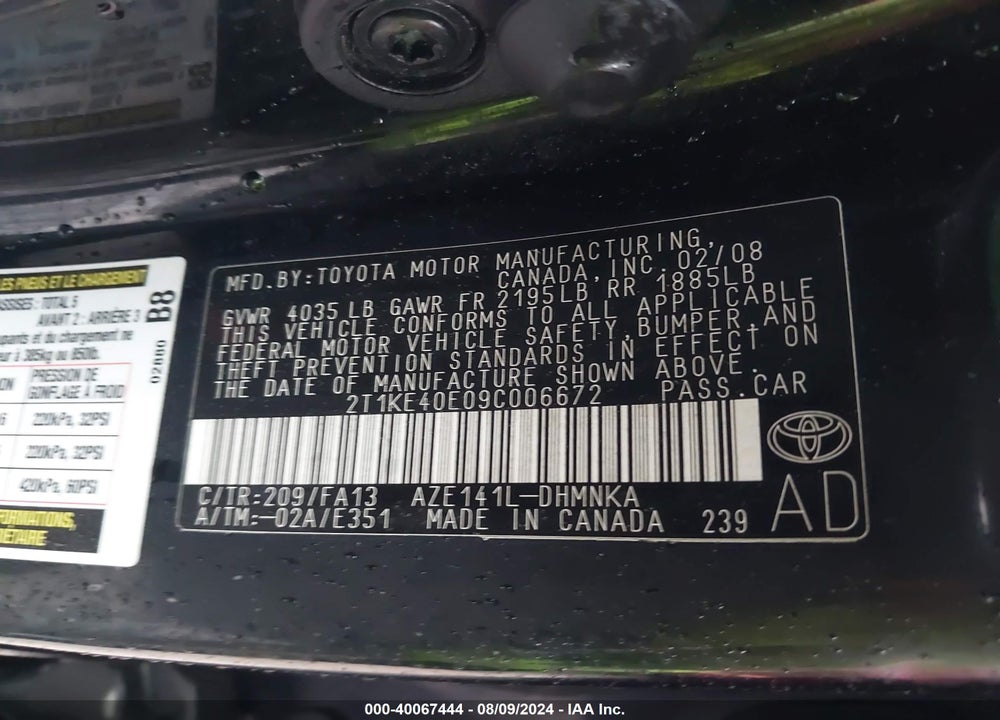 2009 TOYOTA MATRIX S VIN: 2T1KE40E09C006672