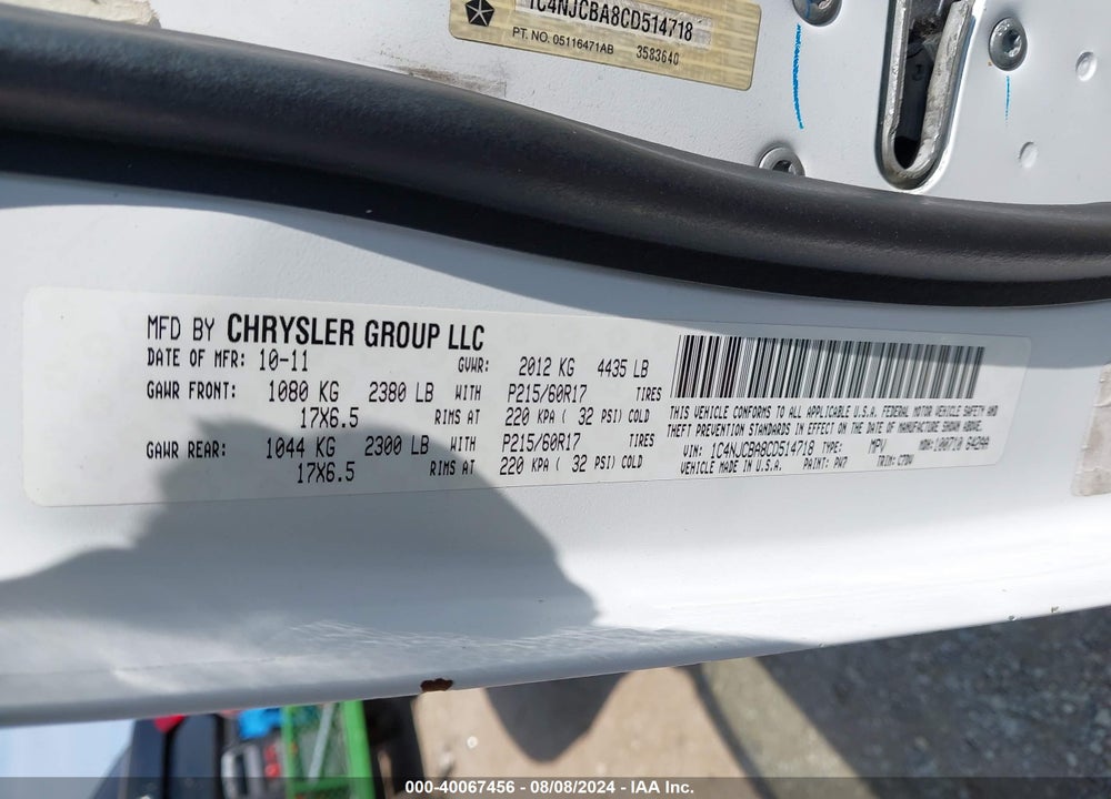 2012 JEEP COMPASS VIN: 1C4NJCBA8CD514718