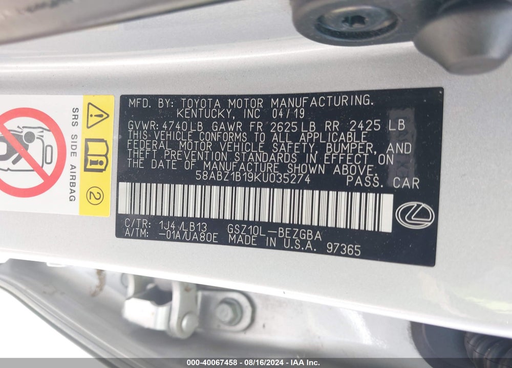 2019 LEXUS ES 350 LUXURY VIN: 58ABZ1B19KU035274
