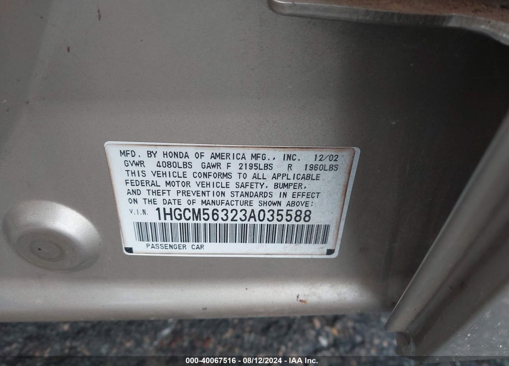 2003 HONDA ACCORD 2.4 LX VIN: 1HGCM56323A035588